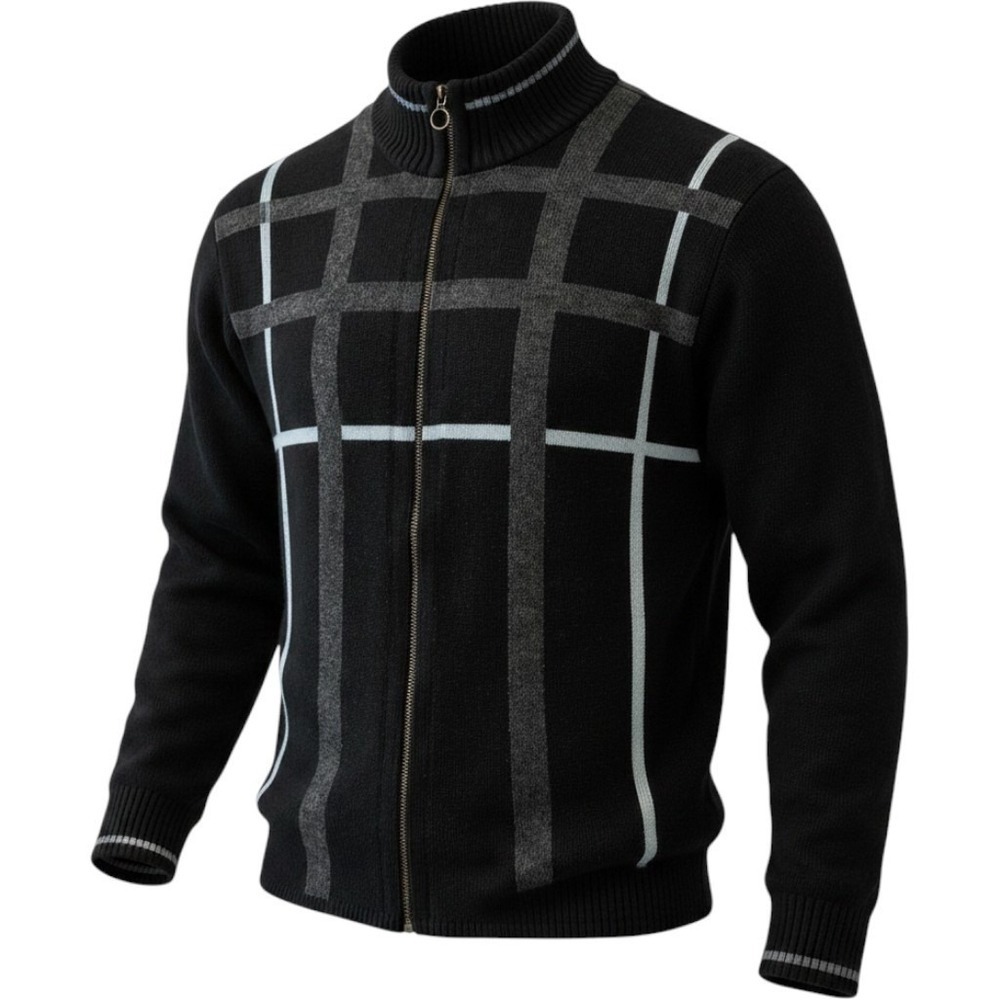 Full Zip Cardigan  Knit Sweater, Plaid Check Black Gray Large Casual